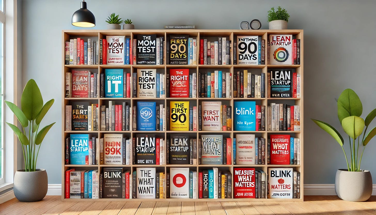 An AI generated image of a bookshelf with popular product management book titles including some mentioned in this article