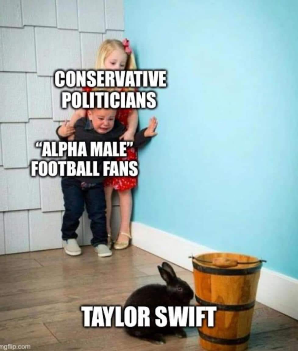 Two terrified looking children huddling in a corner, captioned "Conservative politicians" and "Alpha Male Football Fans" looking in horror at a tiny, cute bunny labeled "Taylor Swift"