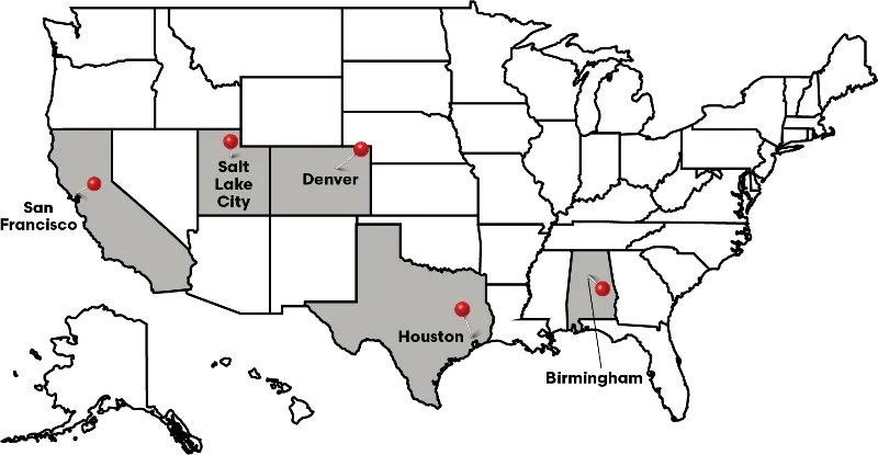 Map of US States showing several cities