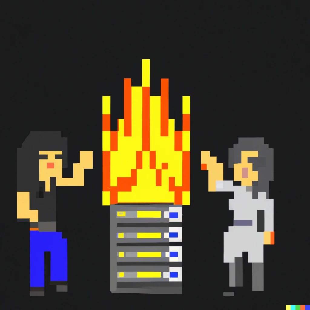 Pixel art of a server on fire