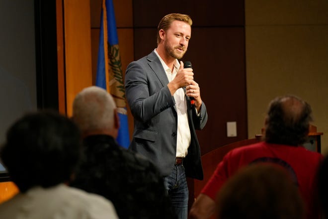 Oklahoma state schools Superintendent Ryan Walters speaks at a luncheon presented by the Original Constitutional Principles Affecting Culture (OCPAC) Foundation at the Oklahoma History Center Wednesday, Oct. 2, 2024.