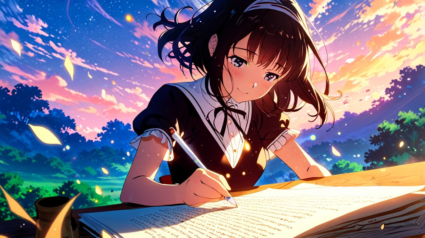 ilustración estilo manga de una mujer escribiendo en un mundo mágico