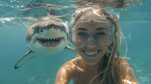 r/midjourney - Deadly Selfie. What do you think the shark are thinking? Wrong Answers Only