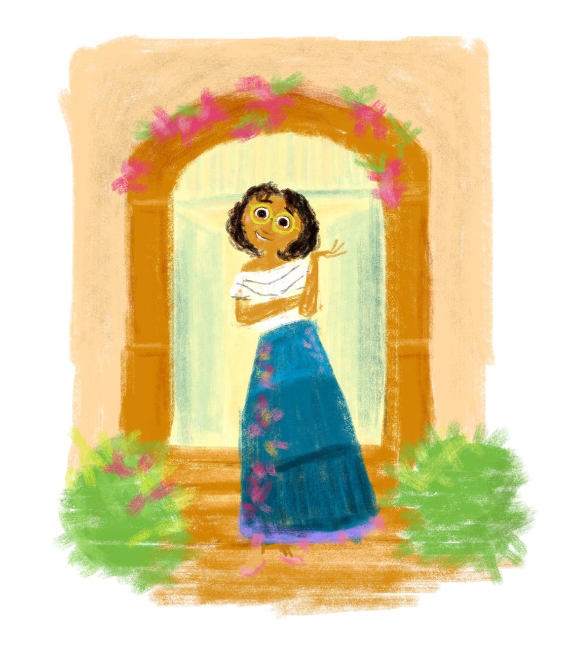 Digital sketch done in a crayon-like brush of the character of Mirabel from the movie "Encanto". She stands in a glowing doorway in a white shirt and blue flowered skirt with a sheepish, but cheerful expression on her face.