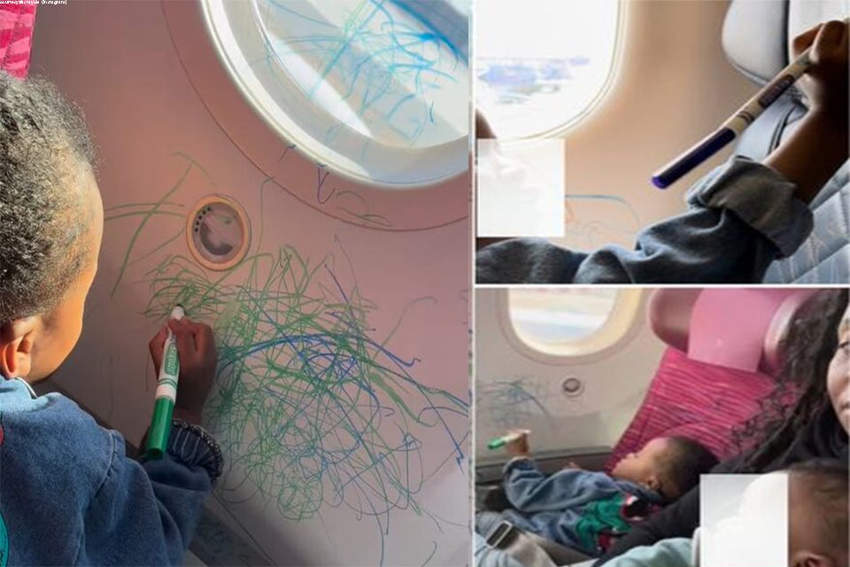 A mother let her child to draw all over the seat and windows on Delta Flight.