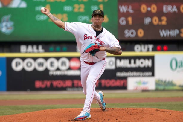 Sea Dog's pitcher Bryan Mata pitches during the game against Hartford at Hadlock Field on Thursday, May 23, 2024.