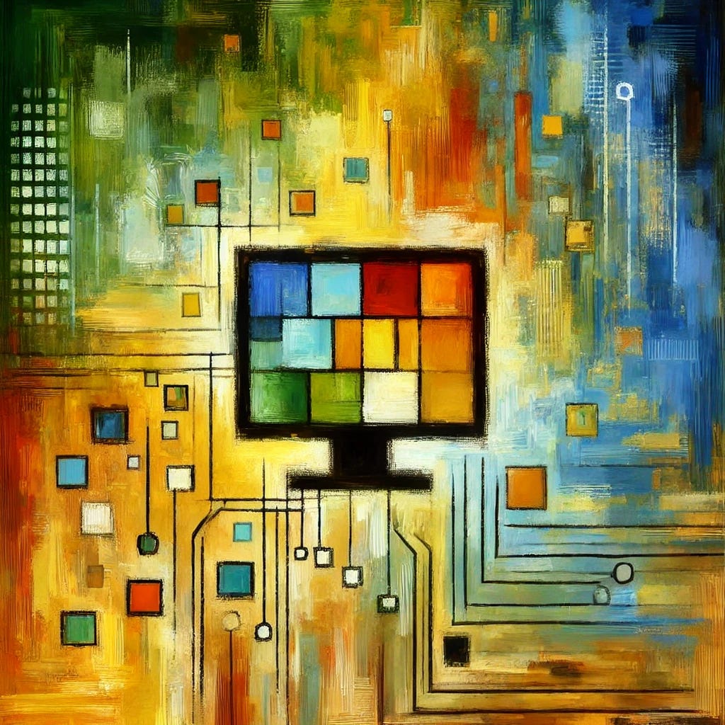 An abstract painting featuring a computer as the main object, representing artificial intelligence. The computer should be stylized with simple, geometric shapes, and stand out in bright, playful colors like yellows and oranges. The background should evoke a digital, yet natural atmosphere using shades of green, blue, brown, and black. The overall composition should feel harmonious and balanced, with minimal depth, focusing on flat, 2D shapes and lively brushstrokes to create an expressive texture. The image should evoke feelings of innovation, transformation, and the intersection of technology and human creativity.