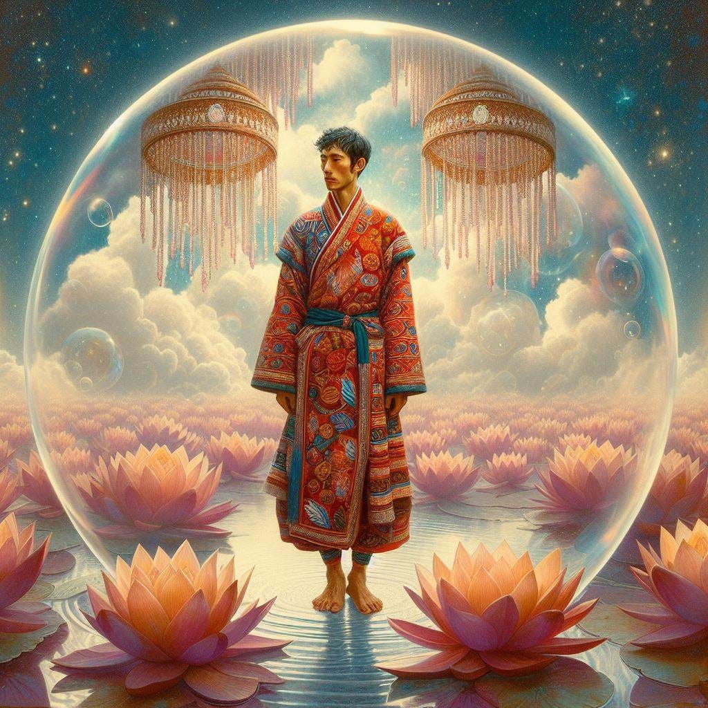 in a bubble on a lotus; vast distance. tsongs man, standing / head tilted to the side in serenity inside a wispy cloud. in traditional Khinalugs clothes covered in red and orange and white/ blue - purple leaf pattern. mong pattern embroidered on shirt and pants in a vibrant gold color.mono pattern embroidered on it. bare feet. maia chandelier made of tiny prisims and stars. inside of Kailasha Temple dedicated to Lord Shiva in Kalugumalai.water flowing/ space breaking in. 