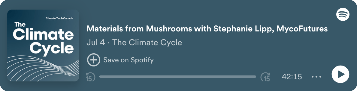 An image of the Spotify player showing the episode title "Materials from Mushrooms with MycoFutures"