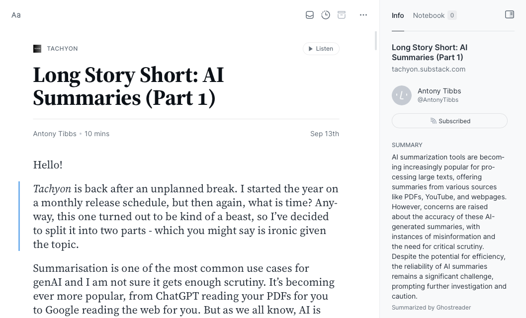 The Readwise Reader interface showing the beginning of "Long Story Short: AI Summaries (Part 1)", including the title and introduction. On the right side, there's a sidebar displaying the article's metadata and an AI-generated summary. The layout resembles a typical digital reading interface with options for text size adjustment, listening, and note-taking.