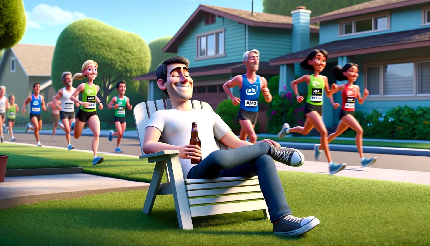 A Pixar-style scene featuring a smiling person in a plain white T-shirt relaxing in a lawn chair in his suburban front yard, drinking a beer and watching as marathon runners pass by. The person is relaxed and cheerful, enjoying the sunny day. Several female and male runners are passing by, representing different continents and wearing jerseys with AMD, Intel, and Nvidia logos in their respective company colors. The suburban yard is green and well-kept, with a few trees and flowers, and a typical suburban house in the background.