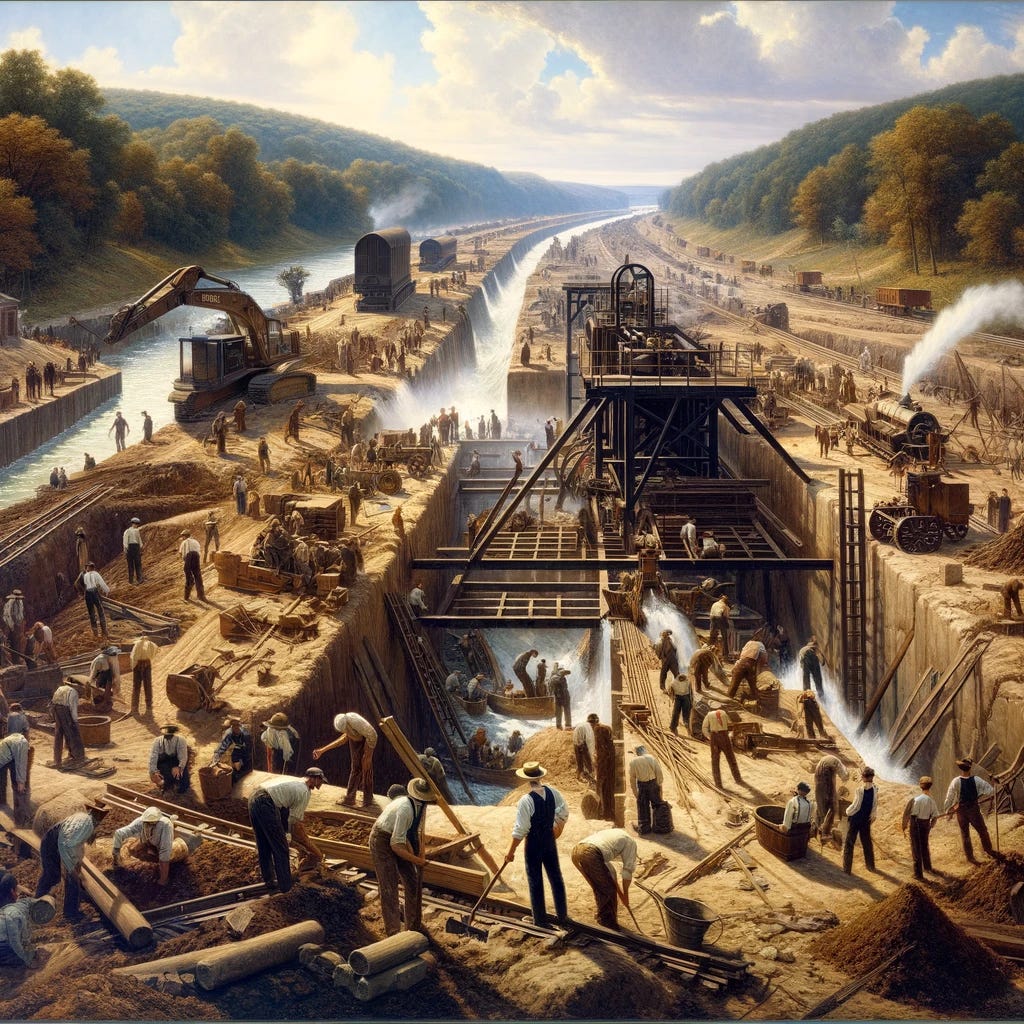 A painting depicting the construction of the Erie Canal, capturing the monumental effort and diverse workforce involved in its creation. The scene is bustling with activity, featuring workers digging, moving earth, and laying stones under the guidance of engineers. The setting includes the early stages of the canal with primitive machinery and tools, highlighting the manual labor and ingenuity that characterized this period. The style should evoke the romantic and rugged essence of American landscape and historical paintings from the 19th century, emphasizing the scale of the project against a backdrop of the American wilderness, with expansive skies and the promise of a transformed landscape. The composition is dynamic, with a sense of movement and purpose, reflecting the optimism and determination of the era.