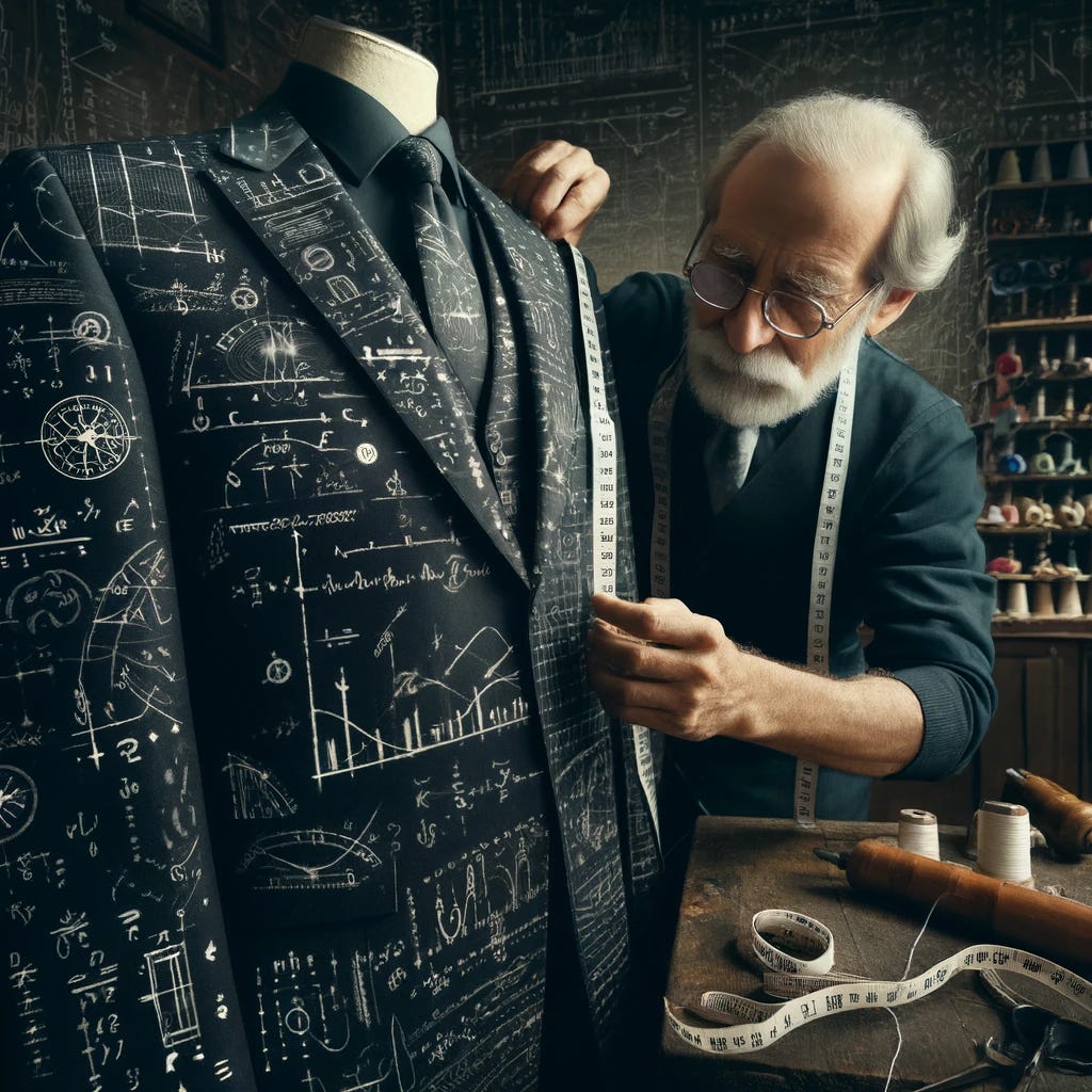 A highly detailed image of a tailor adjusting a bespoke men's suit, which is uniquely designed with mathematical chalk patterns resembling equations and graphs on a dark worsted wool fabric. The tailor, an elderly Caucasian man with a meticulous expression, is nipping and tucking the fabric, holding a measuring tape. The background features a traditional tailor's workshop with spools of thread, scissors, and other tailoring tools. The atmosphere conveys precision and craftsmanship in the context of finance and mathematics.