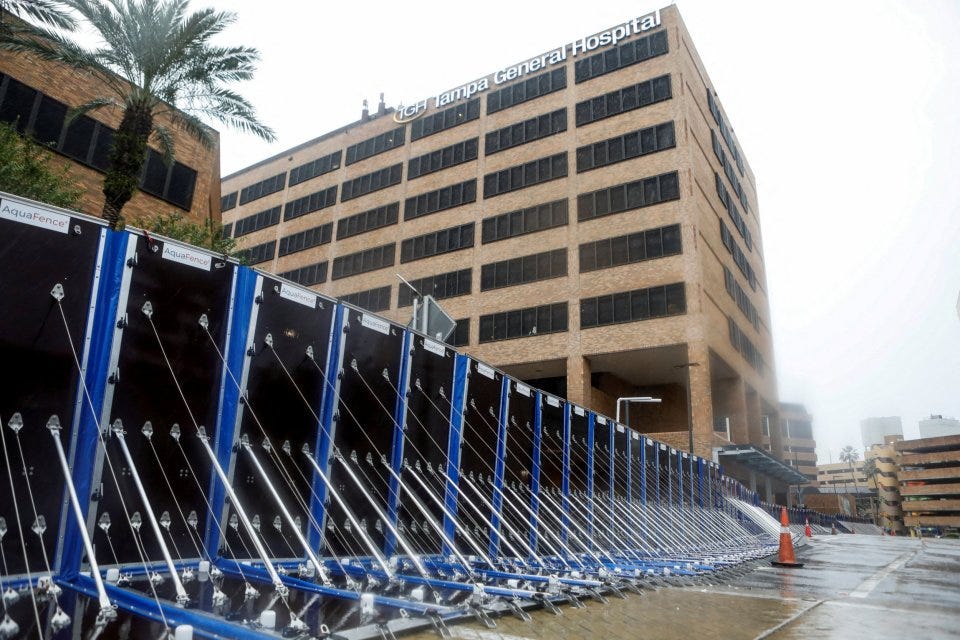 An AquaFence barrier set up outside Tampa General Hospital