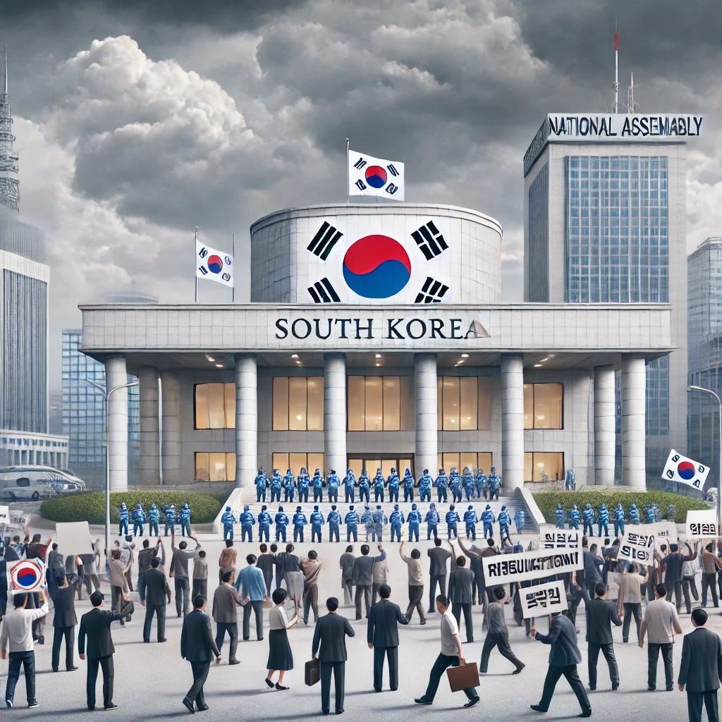 A South Korean presidential office surrounded by a tense protest scene, with people holding signs demanding resignation and impeachment, under a cloudy sky. The setting should include the National Assembly building in the background, emphasizing political unrest and urgency.