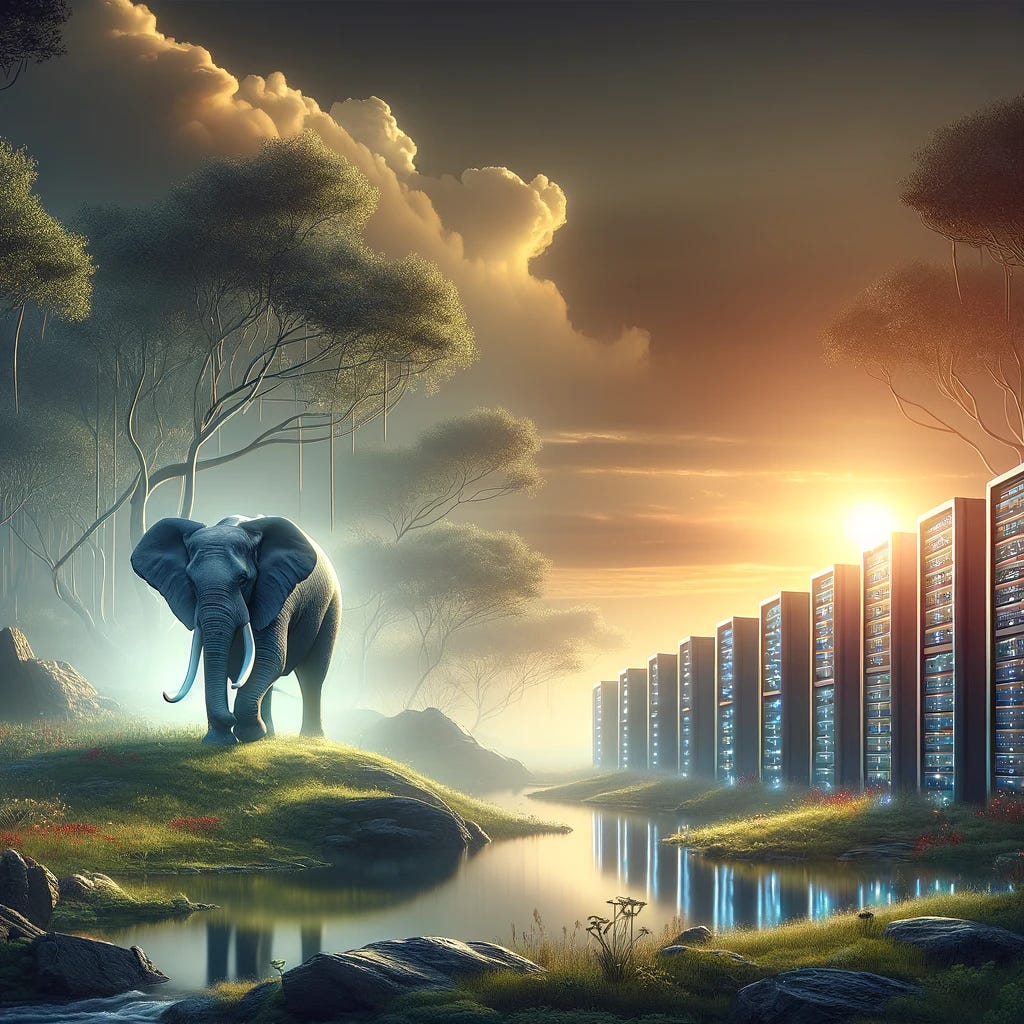 A serene, expansive landscape where nature and technology harmoniously blend, featuring a majestic elephant walking alongside a row of servers glowing with soft light, symbolizing the robustness and versatility of PostgreSQL databases. The scene captures the essence of PostgreSQL being enough for a wide range of applications, from data storage to complex operations, in a world where technology and nature coexist.