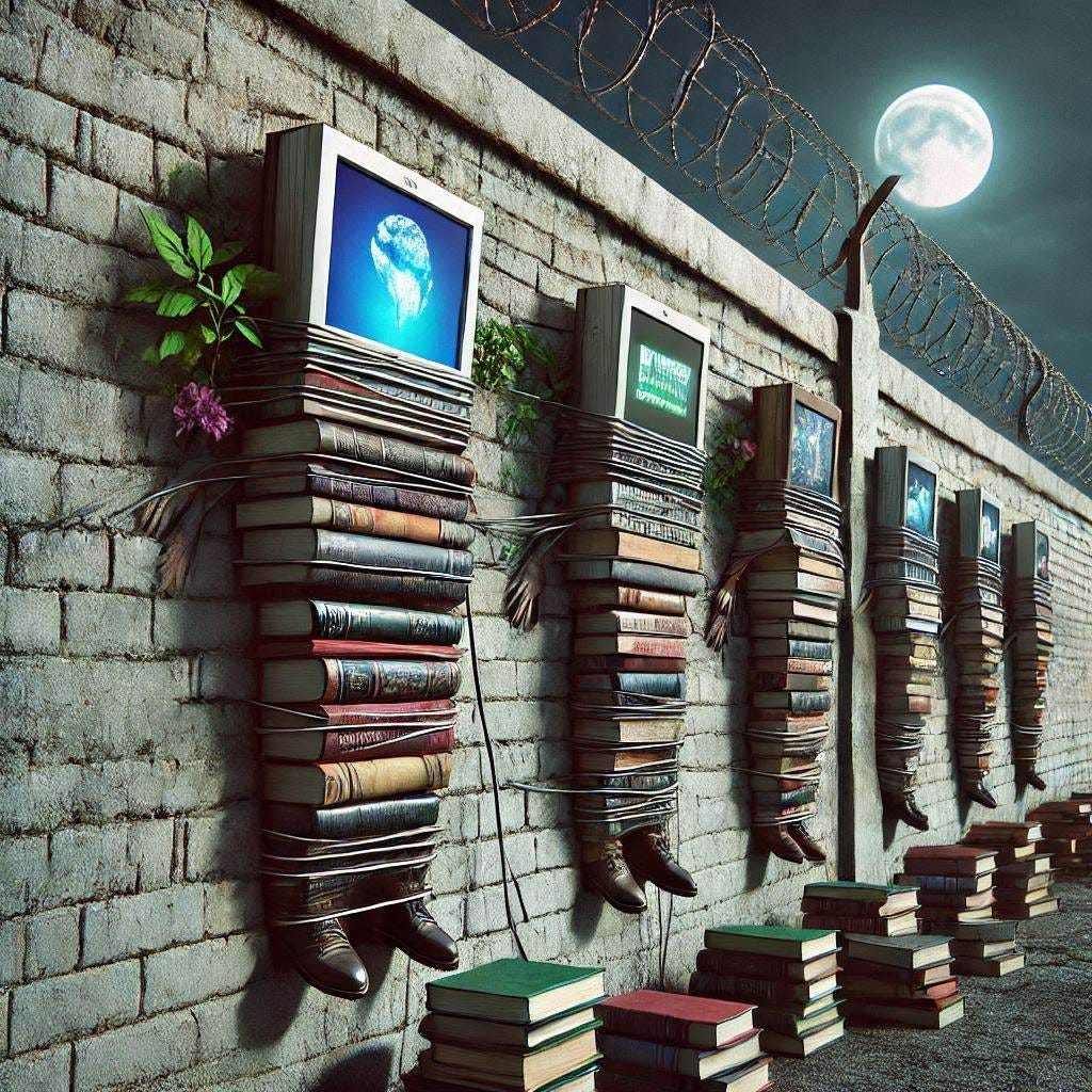 books stuck at a border wall for the internet, cyberpunk