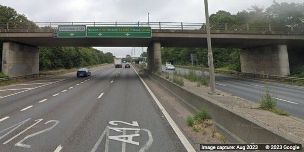 Halstead Road bridge over A12 near Colchester. Copyright Google Maps