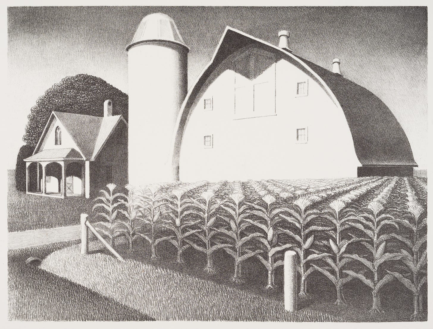 Black and white print of a barn and corn.