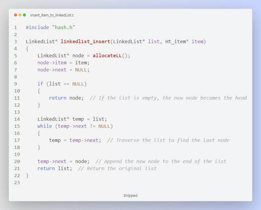 a function that creates and returns a linked list node with a given H_item item, and appends it to the end of an existing linked list.