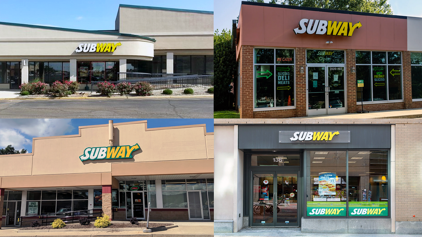 A collage four photos of various Subway restaurants.