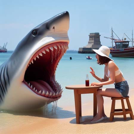 Woman on a beach being confronted by a shark