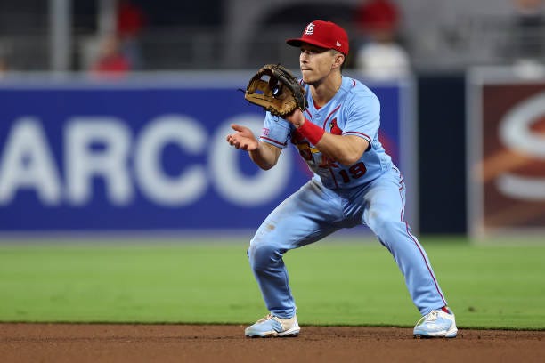 Tommy Edman of the St. Louis Cardinals fields a ground ball during a game against the San Diego Padres at PETCO Park on September 23, 2023 in San...