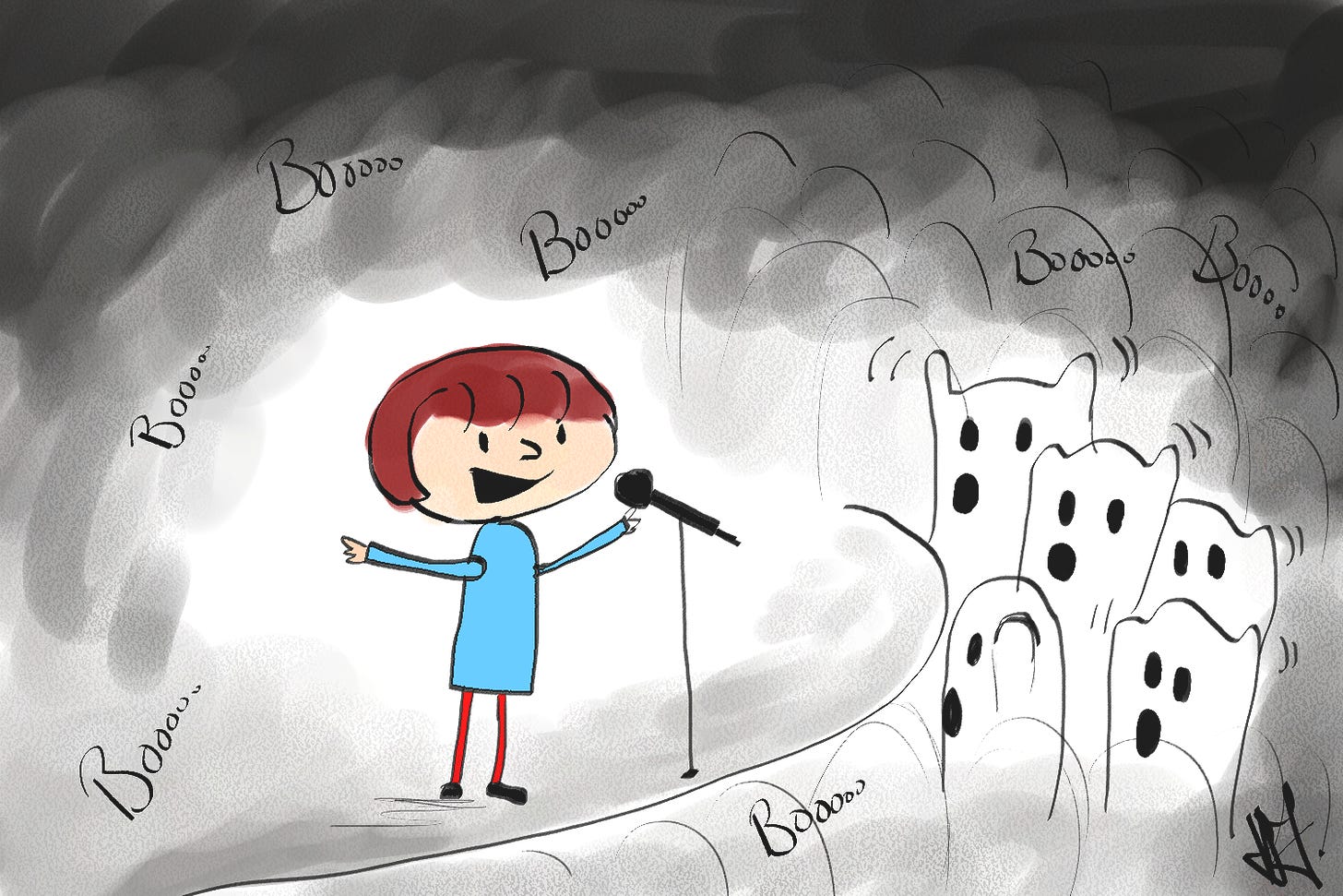 Cartoon by me: small red-haired person in blue outfit stands on stage with a mic. An audience of ghosts boos them.