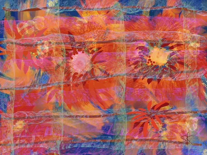 Abstract painting by Sherry Killam Arts, orange and blue patterns on cloth.