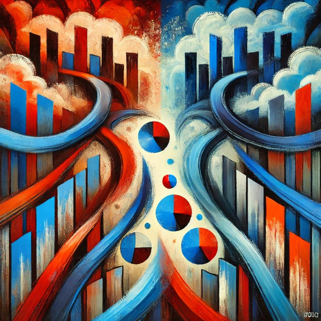 An abstract painting representing political dialogue and ideological contrast. Bold, vibrant colors clash and blend—cool blues and warm reds swirl across the canvas, symbolizing left and right ideologies. Sharp angular shapes represent debate and division, while soft, circular brushstrokes layered over them evoke attempts at empathy and understanding. The composition feels energetic and dynamic, with visible brushstrokes and textured color fields conveying tension, humility, and curiosity. The overall style is flat, decorative, and expressive, evoking the complexity of modern political conversations in an abstract, artistic way.