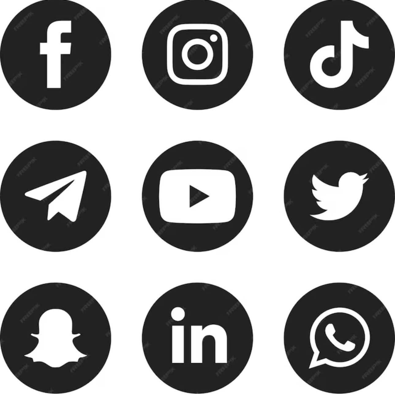 Black and white icons of the social network logos, from top left, facebook, instagram, tiktok, a paper plane, youtube, twitter, snapchat, linkedin, whatsapp
