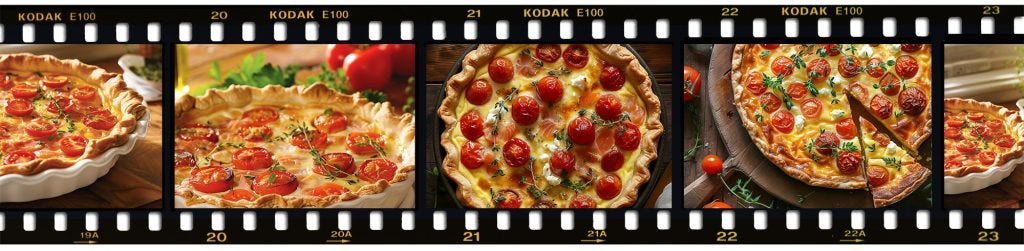 A mock up of a strip of film with AI food images in the frames