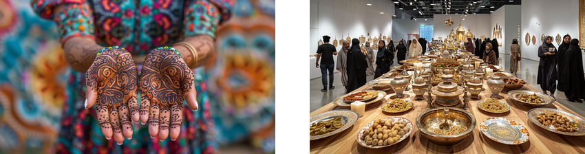 A split image depicting two scenes. The left side shows a person displaying their intricately henna-decorated hands, with colorful attire in the background. The right side features a grand banquet hall with people dressed in traditional attire, gathered around a long table filled with an elaborate spread of dishes and desserts.