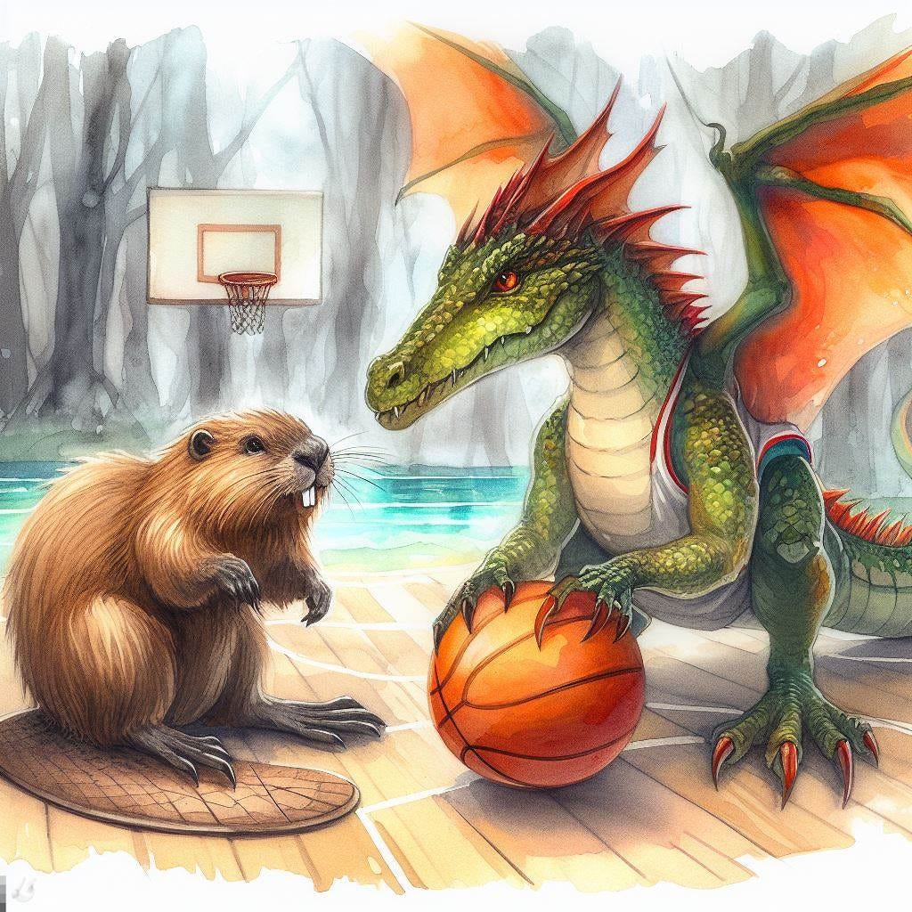 A dragon and a beaver on a basketball court, watercolor