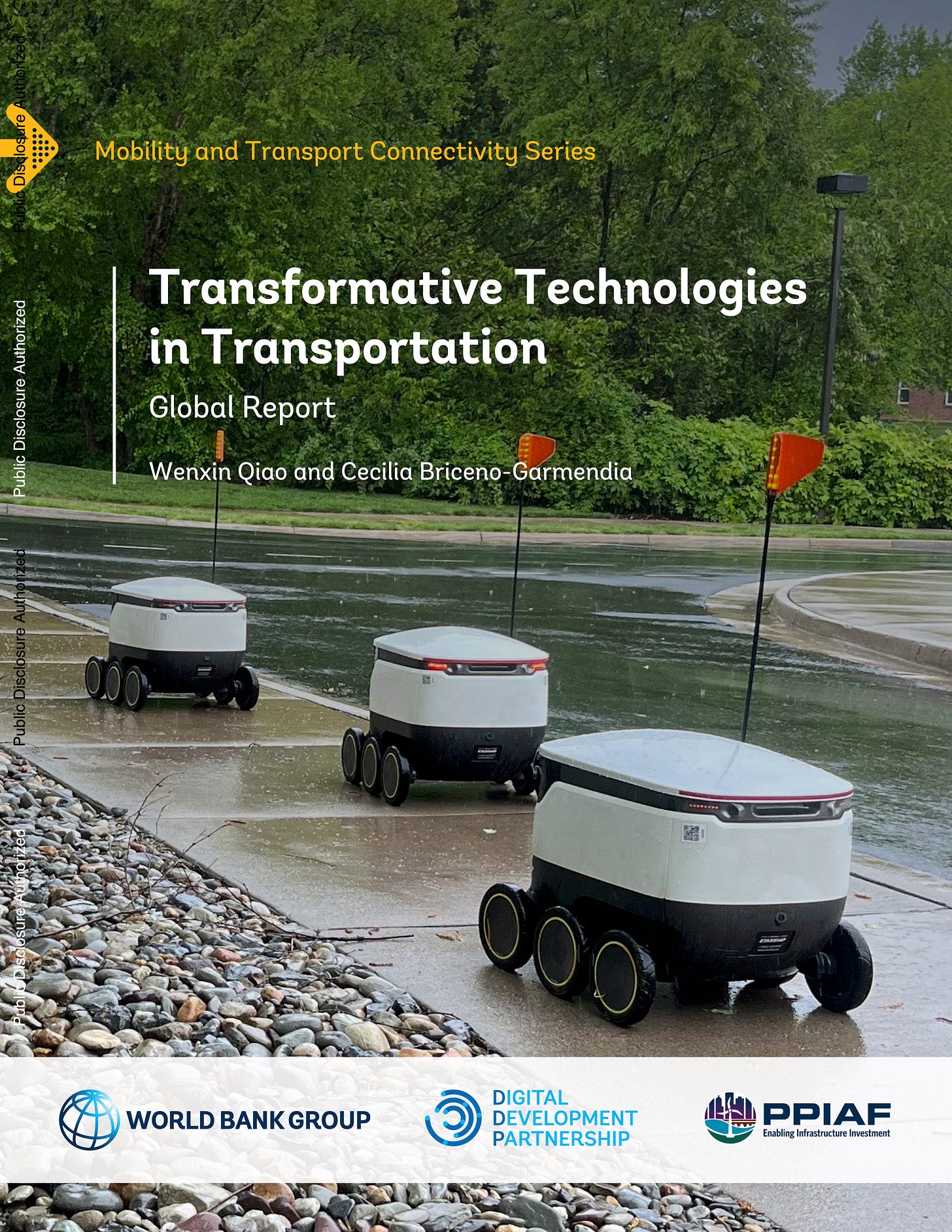 Cover of  “Transformative Technologies in Transportation” featuring small robots traveling on a sidewalk, probably at George Mason University.