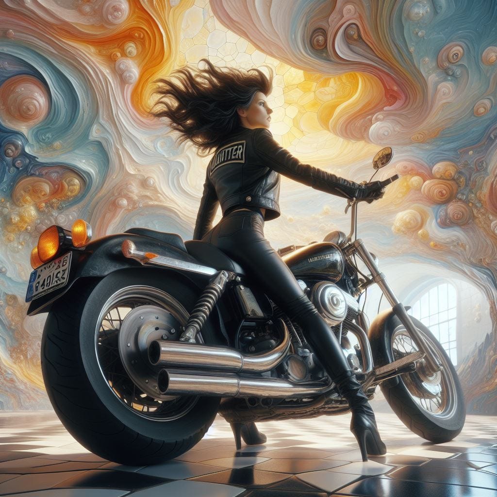chunky oil painting with chunky paint scraper paint. Hyper realistic; tilt shift; Lensbaby Effect: middle aged dark haired woman black and brown leather motorcycle outfit. short hair blowing. black harley motorcycle. fire painted on it.coral Quatrefoil:cream Gothic Tracery:Louver yellow/chartreuse decorative ceiling tiles.Hundertwasserhaus, Vienna, Austria: .• Grand Central Terminal, New York City, USA. Crystal sky. sunny sky, fluffy clouds. Vast distance. sunshower. radiant