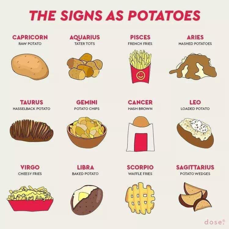 Potatoes | Zodiac signs astrology, Zodiac signs funny, Zodiac signs chart