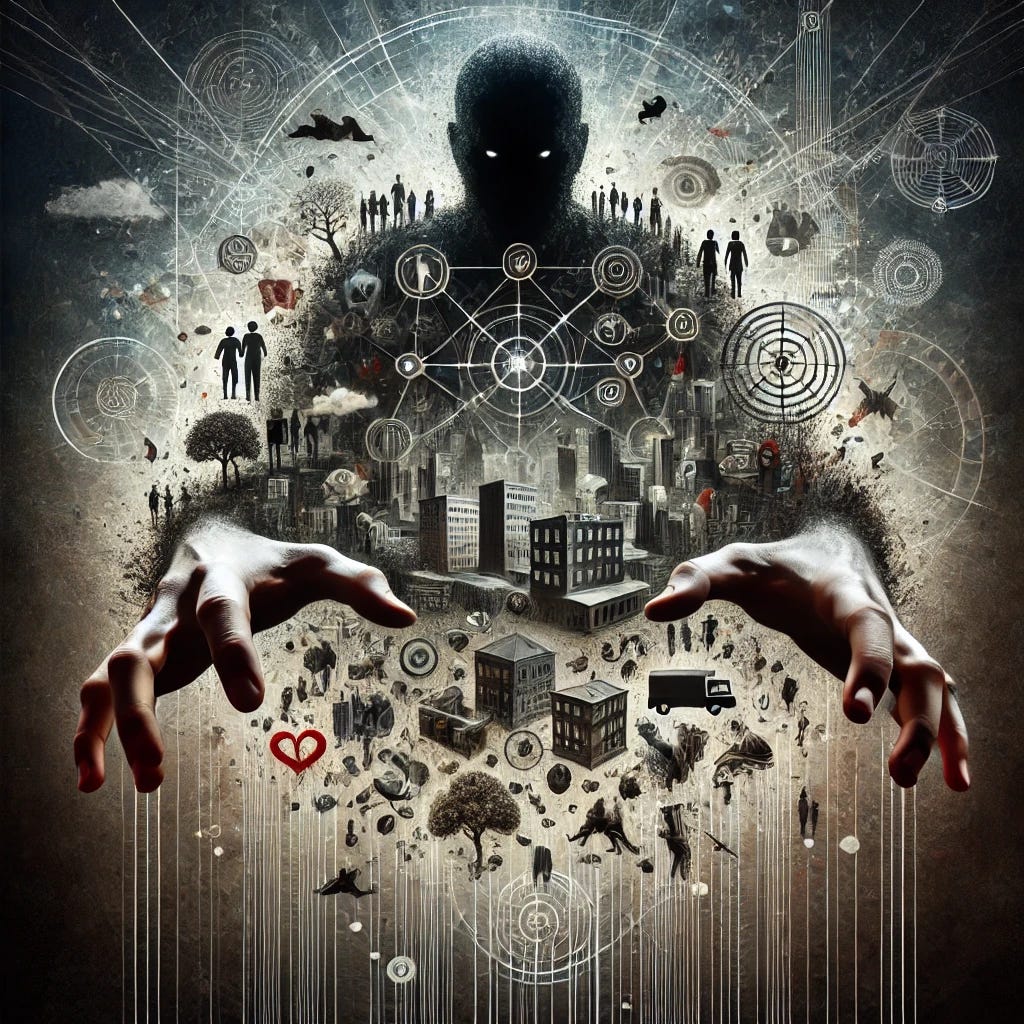 A visually striking image representing the theme of 'capture' with elements of power, control, and dominance. Imagine a large, shadowy figure with outstretched hands grasping various symbols of society and nature, such as buildings, trees, people, and animals. The background should have a dark, ominous tone with hints of a vast network or web, signifying entrapment and manipulation. The image should evoke a sense of overarching control and dominance over all aspects of life.