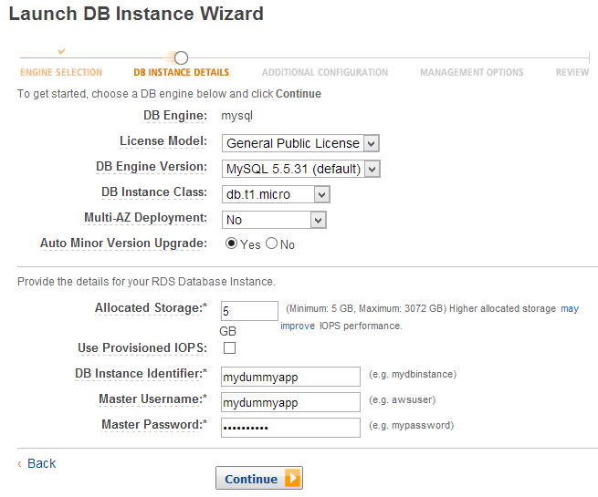 Amazon RDS - Create new instance