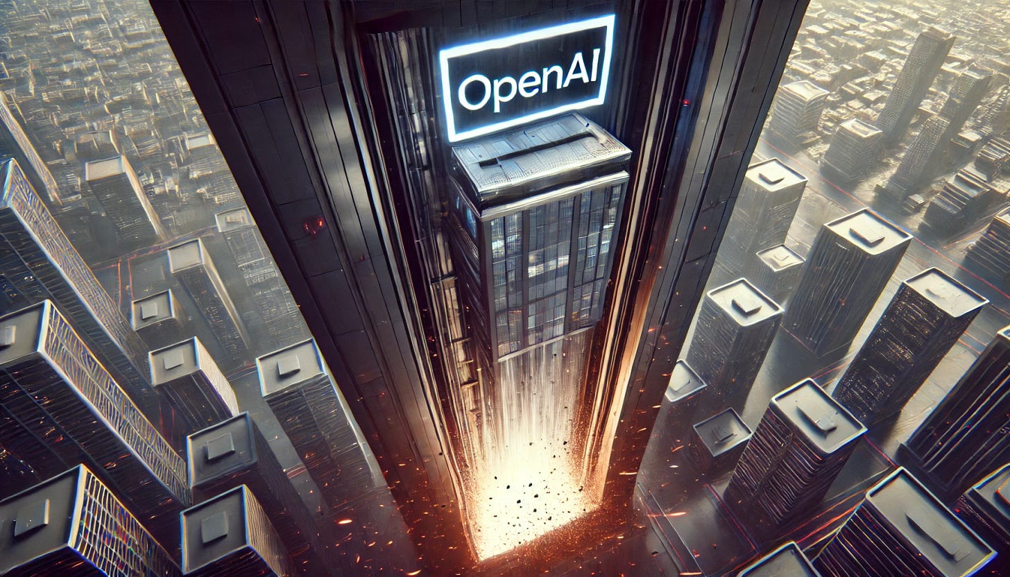 A horizontal image of OpenAI represented as a high-tech building falling through an elevator shaft. The building is sleek and modern, with the OpenAI logo prominently displayed. The elevator shaft is dark and foreboding, with sparks and debris showing the rapid descent. The background includes a futuristic cityscape with other tall buildings. The scene is dramatic and dynamic, emphasizing a sense of sudden downfall.