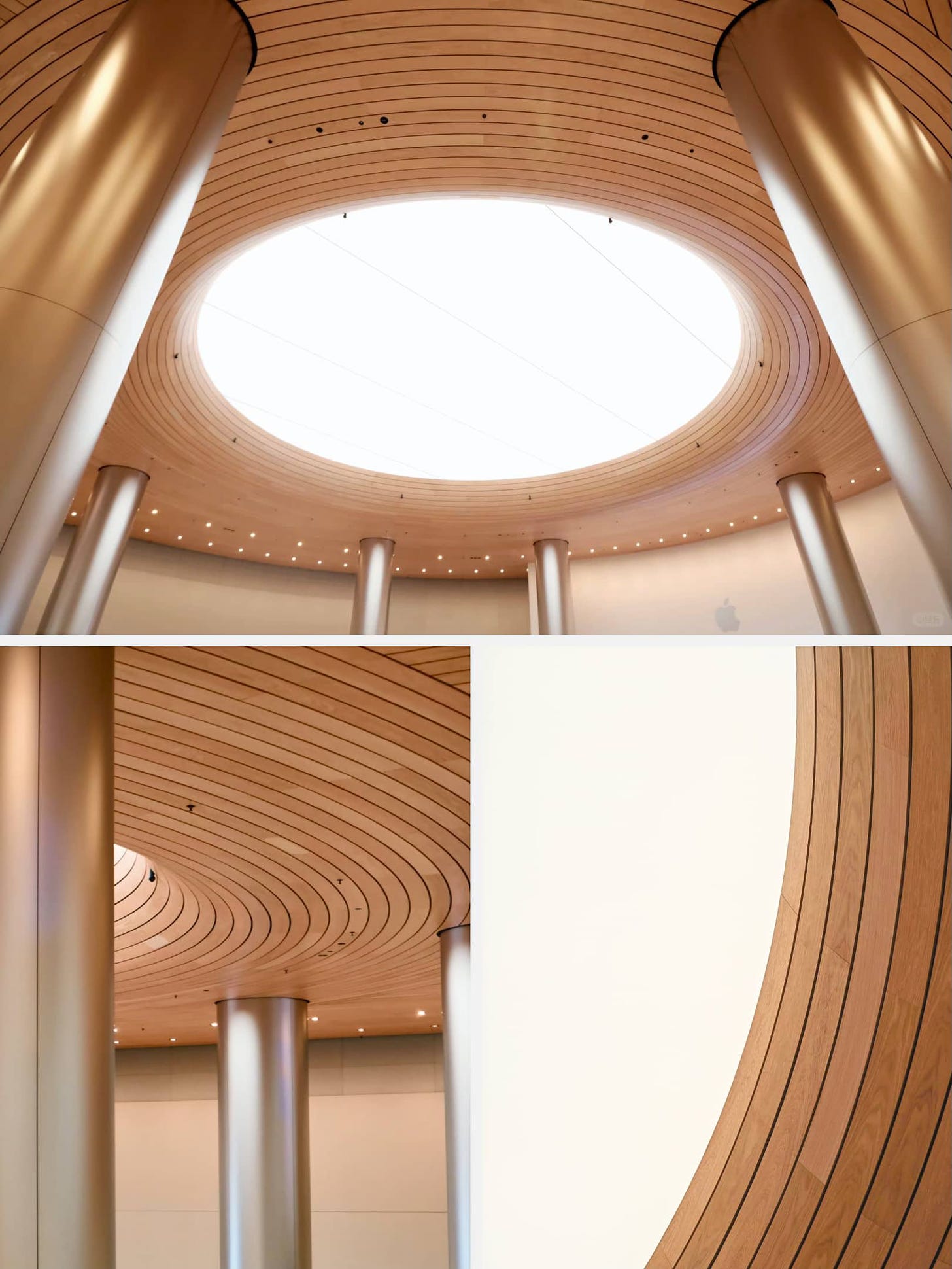 Collage: the wood ceiling system and center oculus at Apple Jing'an.