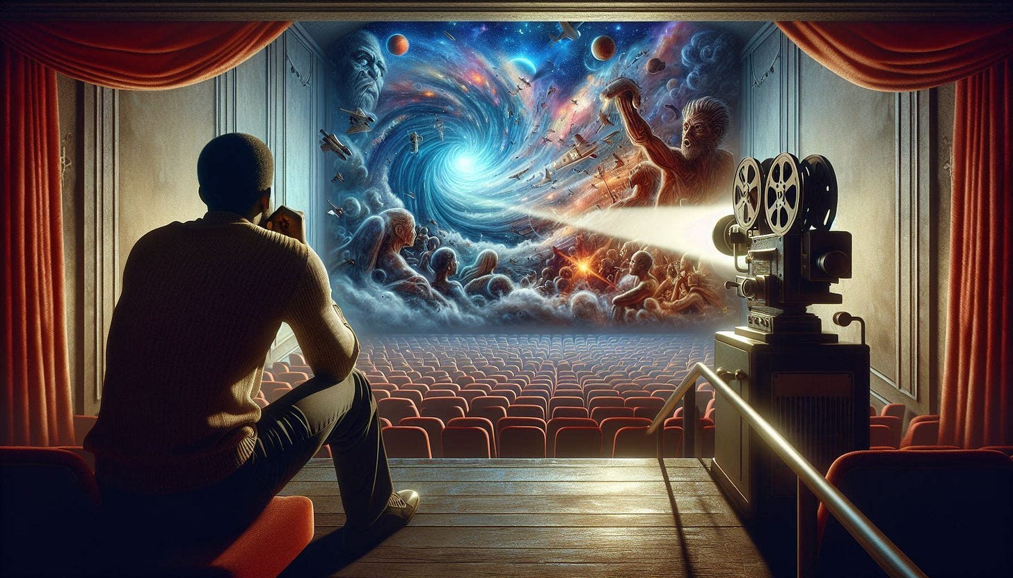 An allegorical image of a cinema hall, showing a realistic scene where a person has turned away from a chaotic movie screen to look at the projector, which is located behind them.. Image 3 of 4