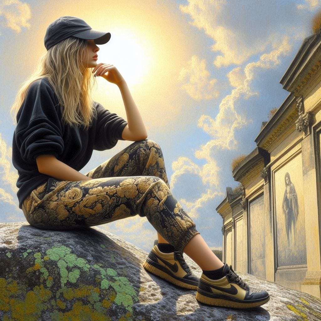 hyper realistic close up of buitre, mriposa, and mono pattern on womans. she wears a shirt / pants in black,  cream and gold she sits on a rock under a sunny sky on a sunny day. Père Lachaise Cemetery (Paris, France) she can see from here is painted in thick, textural layers of oil paint and the wall nearby is made of craggly rock with green moss an gold leaf. It is also painted in chunky, thick oil paint. Luminescent painting