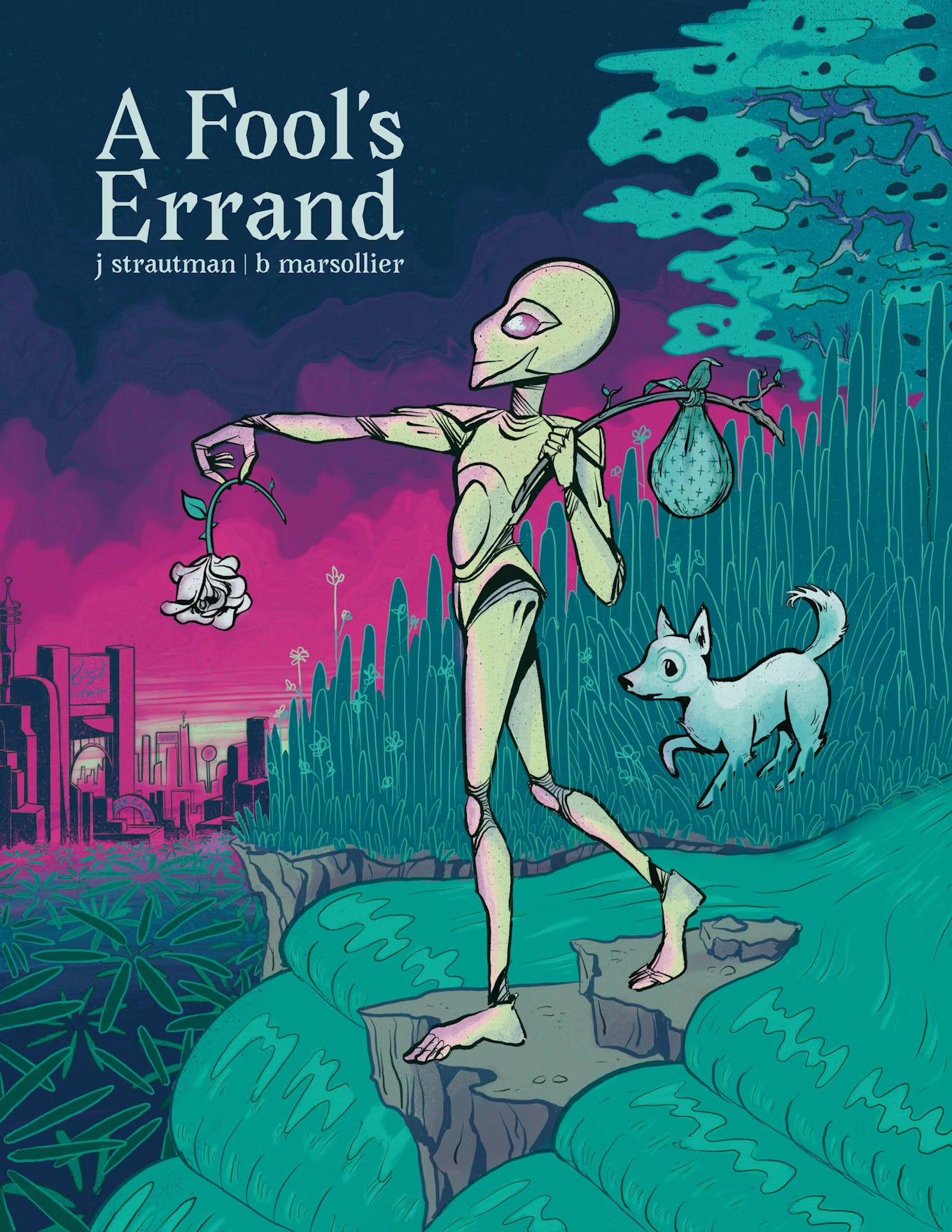 The cover art for A Fool's Errand, which shows an android about to walk off the edge of a waterfall. They are carrying a flower and holding it out in front of them. Behind them is a small dog. The pose of the android and dog are similar to the tarot card The Fool.