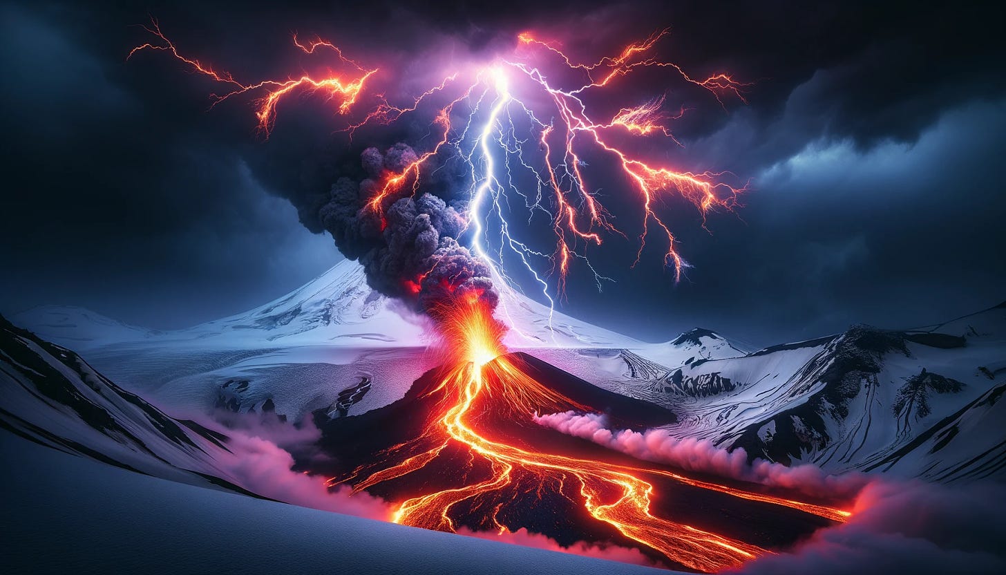 A dramatic scene of fiery lightning striking a snow-covered mountain with lava flowing down from an erupting volcano. The lightning is infused with flames, creating a vivid display of fire in the sky. The stormy, dark sky highlights the contrast between the fiery lightning, glowing lava, and pristine snow. The intense heat of the lava melts the snow in some areas, creating steam and adding to the chaotic atmosphere. The overall scene is both awe-inspiring and terrifying, showcasing the raw power and diverse forces of nature at work simultaneously.