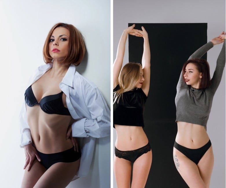 A woman black bra, open white shirt, two young women crop tops, black panties, stretching arms