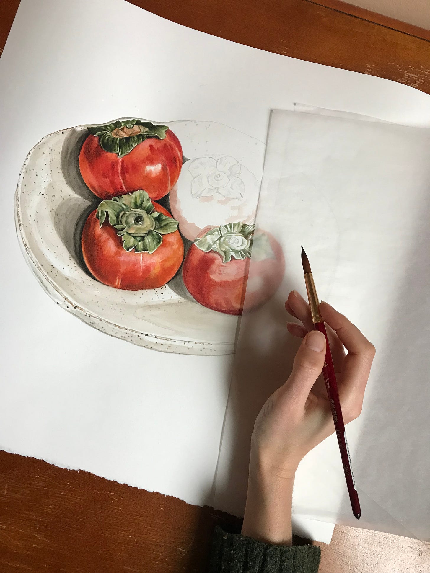 unfinished shot of the persimmons while still painting