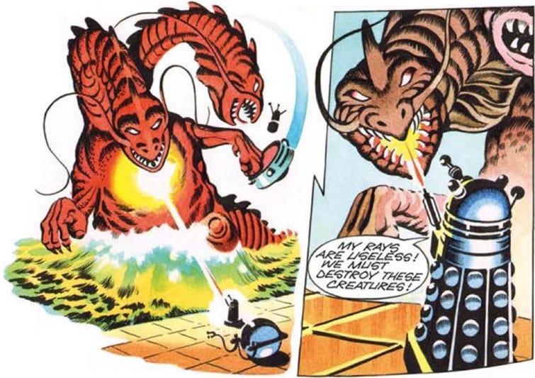 Two frames from an instalment of The Daleks comic strip from the TV Century 21 comic. A double-headed, long necked sea monster rears out of a lake and swipes a flying Dalek out of the air, while a Dalek on the shore shoots ineffectually at it.