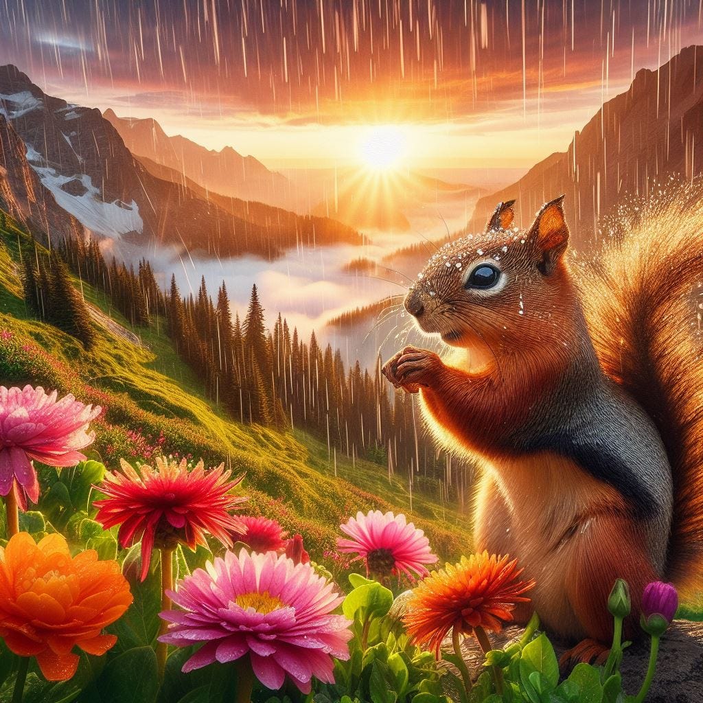 A breathtaking view of april showers bring may flowers as a cute squirrel ponders life