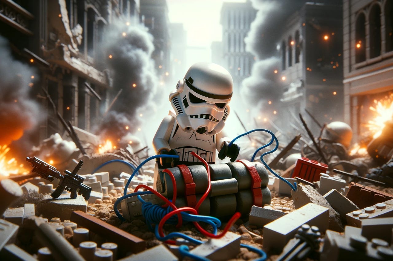 Lego Stormtrooper in a war-torn cityscape, focused on defusing a bomb, carefully choosing between a red wire and a blue wire